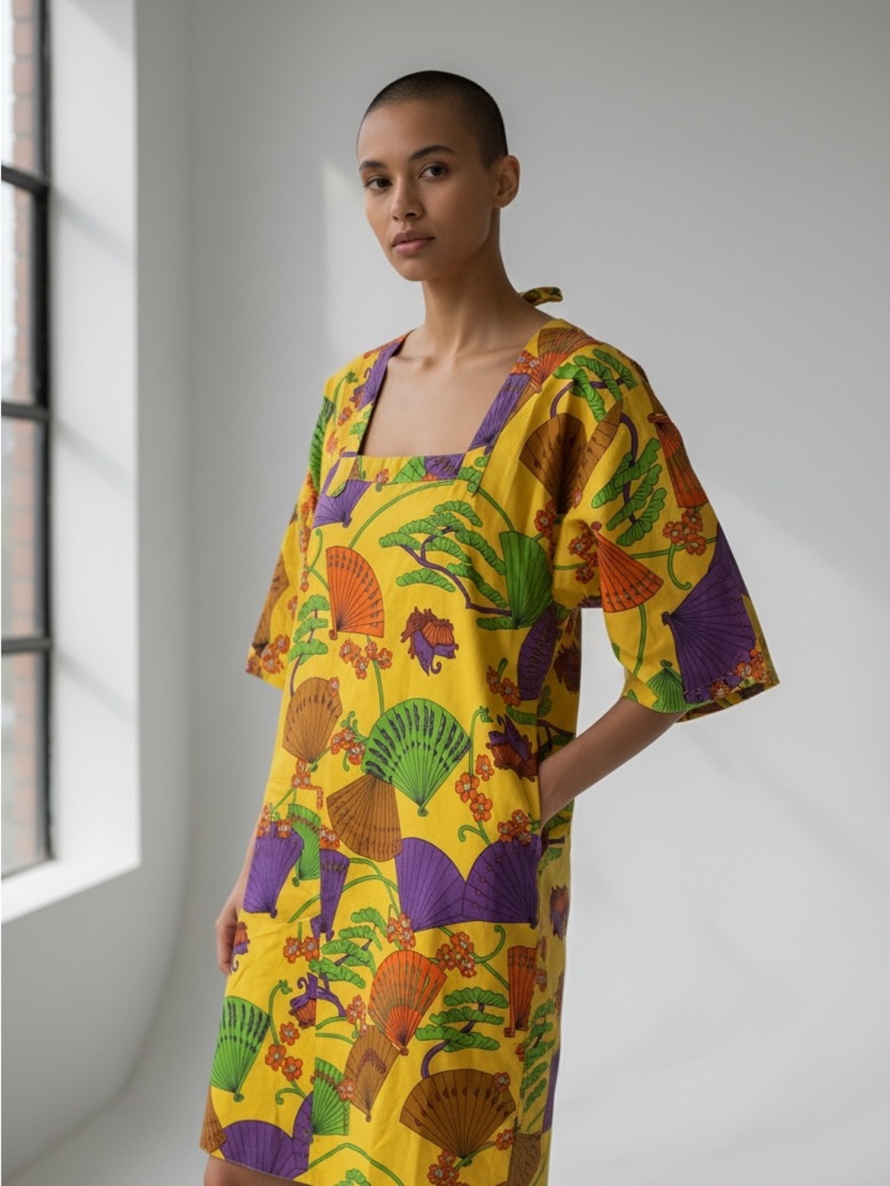 Vibrant Yellow Fan-Print Cotton Art Smock Made in Japan Cotton S